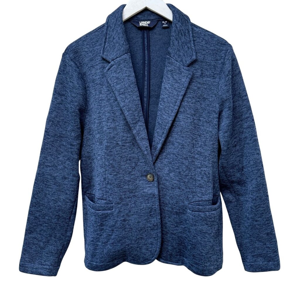 Lands End Fleece Blazer Womens XL Blue Knit Jacket Casual Preppy Classic